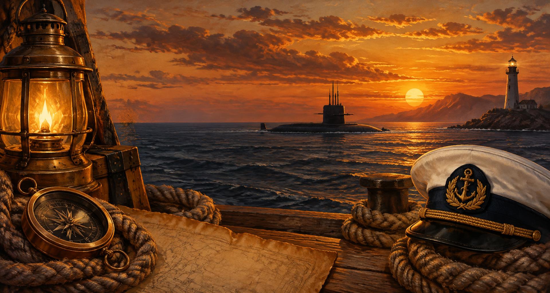 Submarine at sunset with a brass lantern, compass, rope and captain's hat